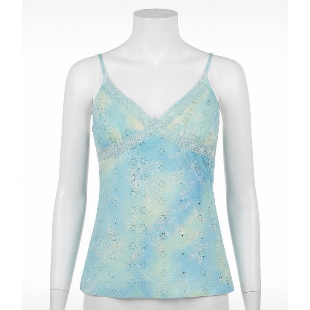 Vintage Y2K Blue Tie Dye Eyelet Lace Trim Cami Top L Fairycore Mermaidcore